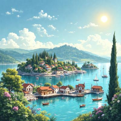 The primary subject of the image is a beautiful waterfront scene with a group of houses and boats. The houses are situated on a hillside, and the boats are docked in the harbor. The setting is a picturesque bay with a mountainous backdrop. The visual style of the image is a combination of digital art and illustration, creating a vibrant and lively atmosphere. The colors and mood of the scene are predominantly blue and green, with a touch of warmth from the houses and boats.